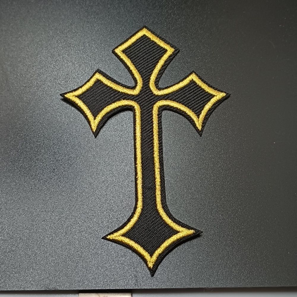Celtic black and gold trim iron on cross patch goth metal